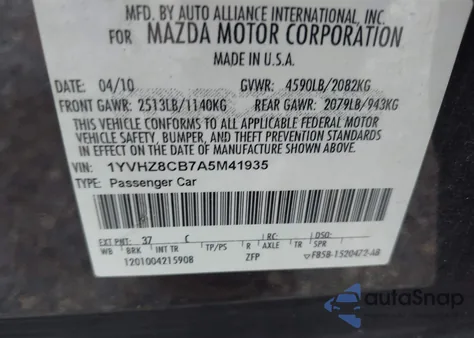 2010 Mazda Mazda6 S Touring Plus из США, поврежденный, VIN 1YVHZ8CB7A5M41935
